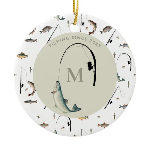 Fishing Rod &amp; Reel Fish Theme Fisherman Monogram  Ceramic Ornament