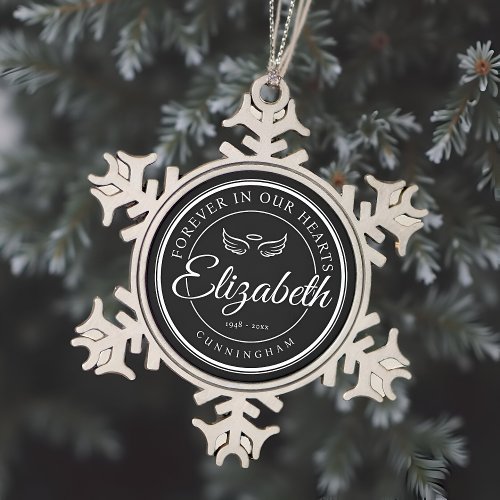 Forever in our Hearts Funeral Memorial Angel Wings Snowflake Pewter Christmas Ornament