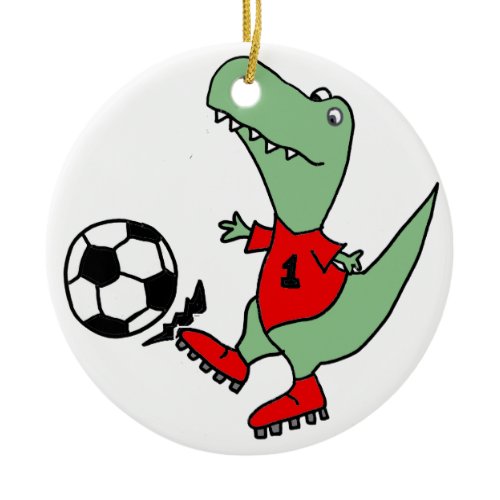 Funny Green T-rex Dinosaur Playing Soccer Ceramic Ornament