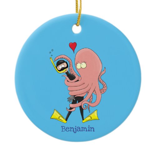 Funny octopus hugs diver cartoon humour ceramic ornament