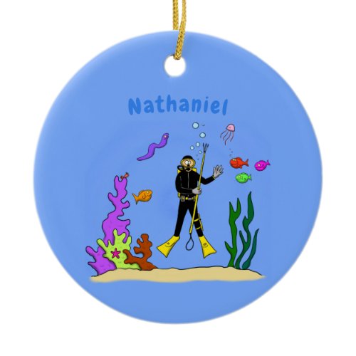 Funny scuba diver and fish sea creatures cartoon ceramic ornament