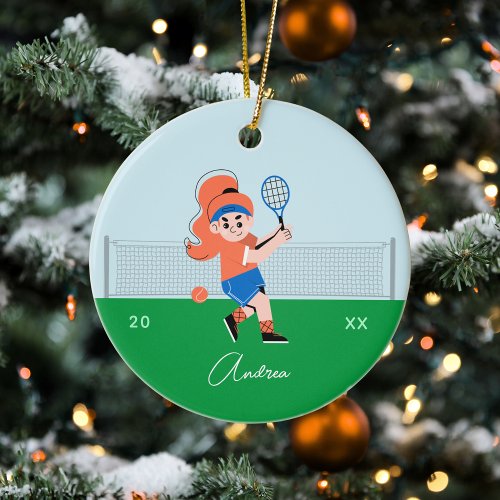 Girl's Tennis Player Ginger Hair Kid's Name &amp; Year Ceramic Ornament