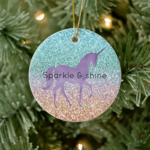 Girly Aqua Peach Gold Purple Mint Unicorn Glitter Ceramic Ornament