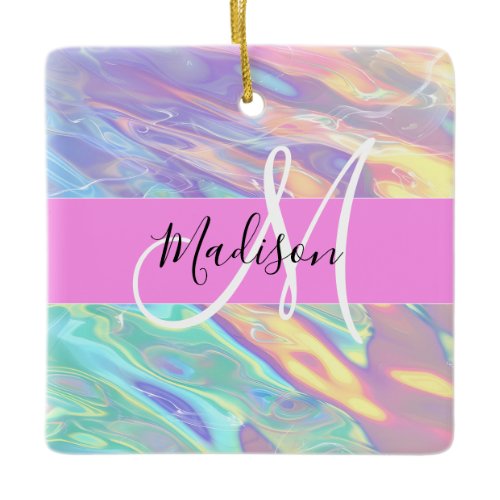 Girly Pink Holographic Iridescent Monogram Name Ceramic Ornament
