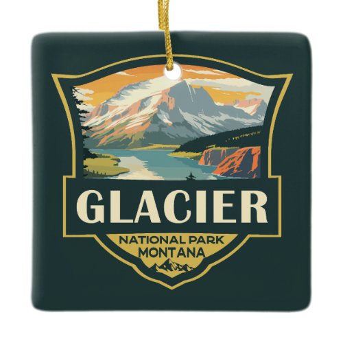 Glacier National Park Illustration Travel Vintage Ceramic Ornament