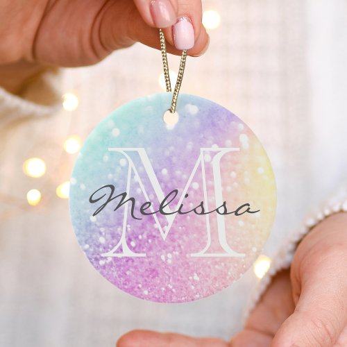 Glam Iridescent Glitter Personalized Colorful Ceramic Ornament