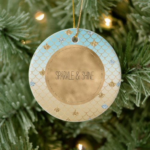 Glitzy Mermaid Blue Gold Sparkle Glitter Ombre     Ceramic Ornament