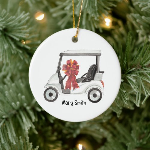 Golf Cart with red ribbon watercolor Ceramic Ornament