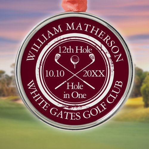 Golf Hole in One Classic Burgundy Custom Metal Ornament