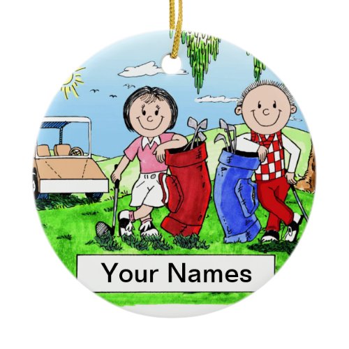 Golfing Couple - Personalized Cartoon Gift Ceramic Ornament