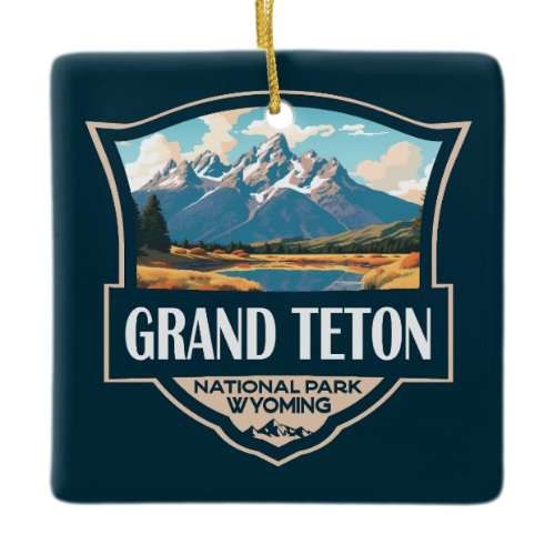 Grand Teton National Park Illustration Retro Ceramic Ornament