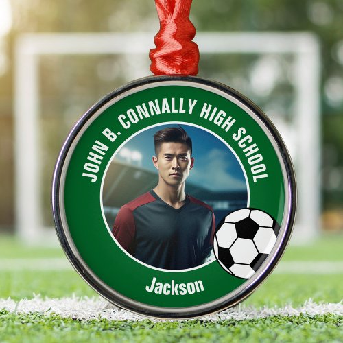 Green Soccer Player Photo High School Christmas Metal Ornament