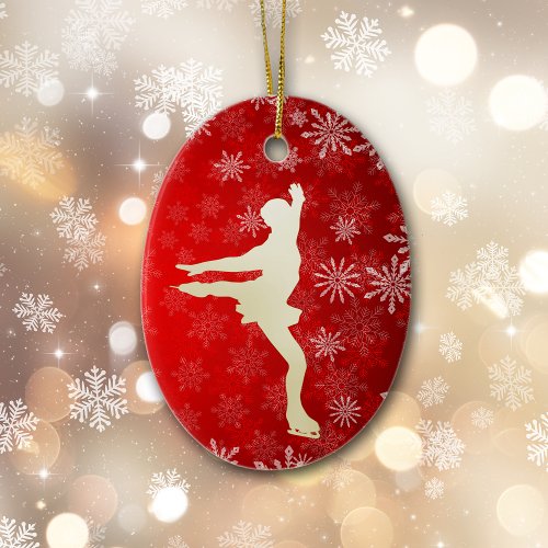 Ice Skater Gold Snowflakes on Bright Red Ceramic Ornament