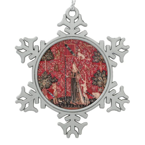 Lady and Unicorn Medieval Tapestry Touch Snowflake Pewter Christmas Ornament