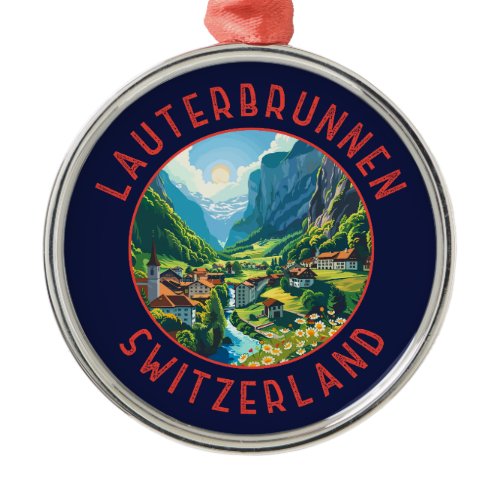 Lauterbrunnen Switzerland Retro Distressed Circle Metal Ornament