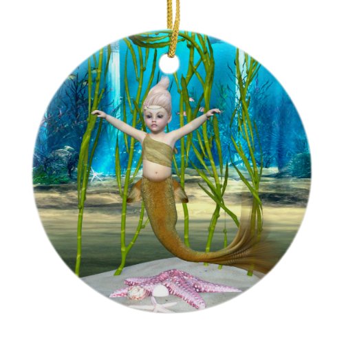 Little Mermaid Cute Fantasy Girl, Blue Ocean Ceramic Ornament