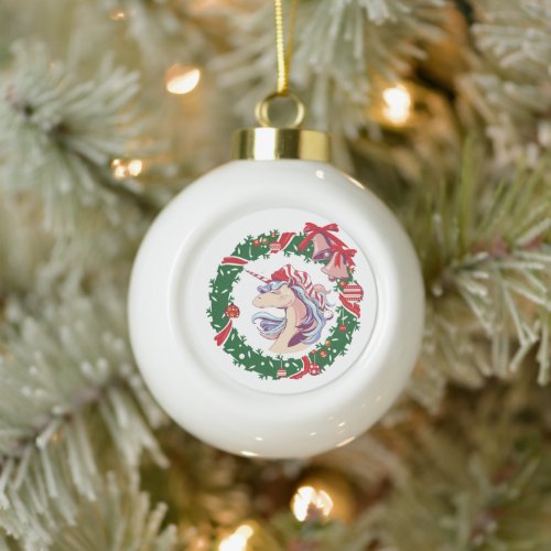 Magical Christmas Unicorn     Ceramic Ball Christmas Ornament