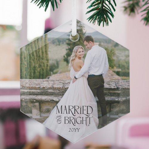 Married &amp; Bright Minimalist Modern Wedding Photo Glass Ornament