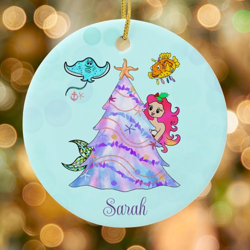 Mermaid &amp; Friends Decorating Christmas Tree Name Ceramic Ornament