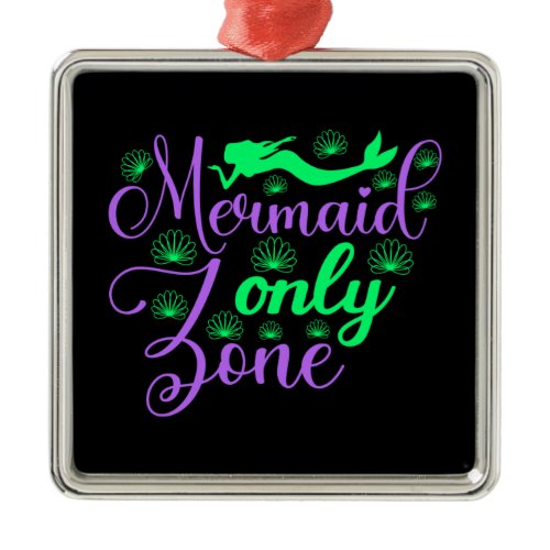 Mermaid Only Zone in Neon Green and Purple Metal Ornament