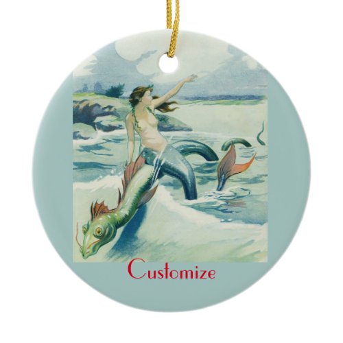 Mermaid Riding Sea Serpent Thunder_Cove  Ceramic Ornament