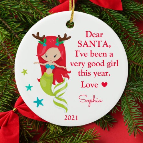 Mermaid Santa I've Been Good Girl Photo Christmas Ceramic Ornament