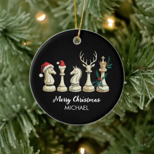 Modern Trendy Personalized Chess Pieces Christmas  Ceramic Ornament