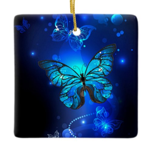 Morpho Butterfly in the Dark Background Ceramic Ornament