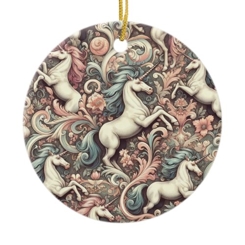 Mystical Victorian Unicorns: Enchanted Floral  Ceramic Ornament
