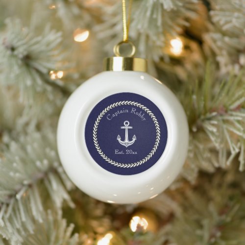 Nautical Anchor Navy Blue and White  Ceramic Ball  Christmas Ornament
