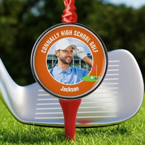Orange Golfer Photo Custom Golf Team Christmas Metal Ornament