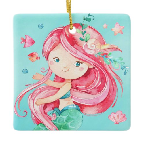 Personalized Cute Red Haired Mermaid Christmas Ceramic Ornament