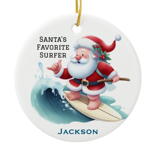 Personalized Cute Santa's Favorite Surfer Ceramic Ornament