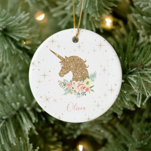 Personalized Gold Glitter Unicorn  Ceramic Ornament