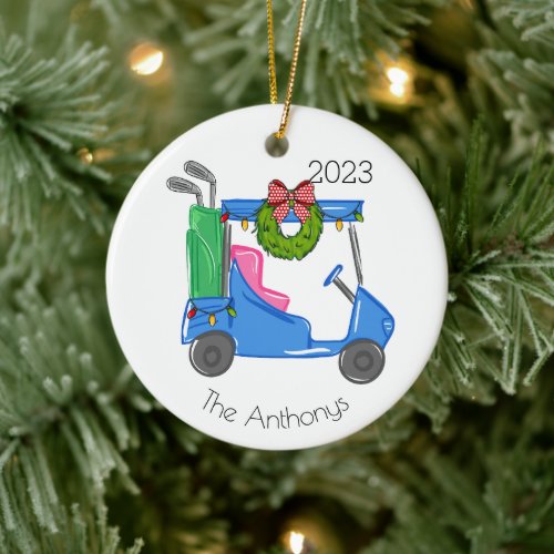 Personalized Golf Cart Christmas Lights Wreath Ceramic Ornament