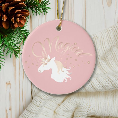 Personalized Modern Pink Magical Unicorn Ceramic Ornament