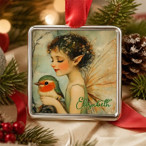 Personalized Vintage Christmas Fairy with Robin Metal Ornament