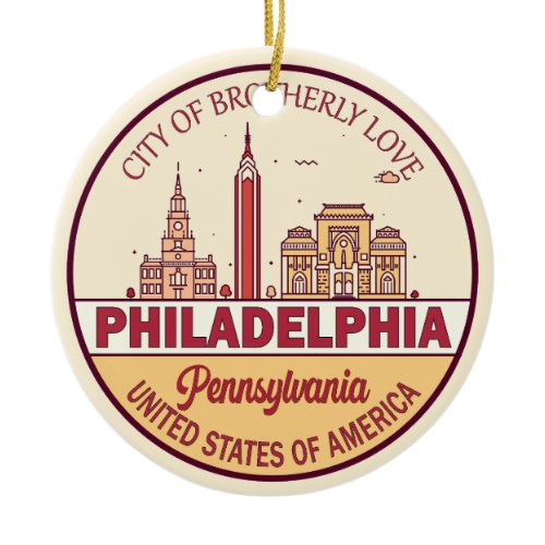 Philadelphia Pennsylvania City Skyline Emblem Ceramic Ornament
