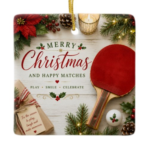Ping Pong Paddle and ball with Christmas themed Ceramic Ornament