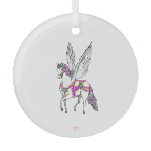 Prancing White Pegasus Vintage Carousel Horse  Glass Ornament