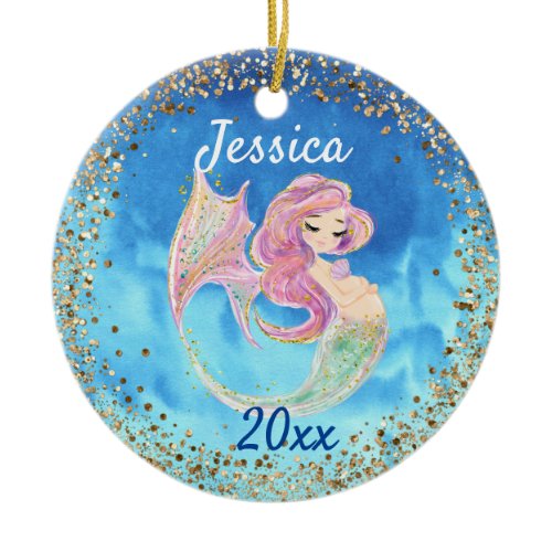 Pregnant Expecting Mermaid Gold Confetti Ceramic Ornament