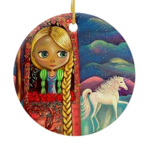 Rapunzel Doll Braided Hair Pink Tower Unicorn Ceramic Ornament