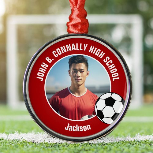 Red Soccer Player Photo High School Christmas Metal Ornament