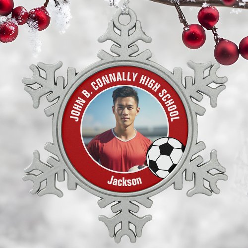 Red Soccer Player Photo High School Spirit Snowflake Pewter Christmas Ornament