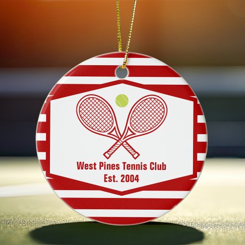 Red Striped Tennis Custom Country Club Christmas Ceramic Ornament