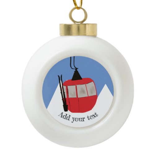 Retro Ski Lift Skiing Snow Mountain Illustration Ceramic Ball Christmas Ornament