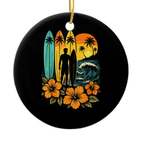 Retro Surf Beach Sunset Tropical Ceramic Ornament