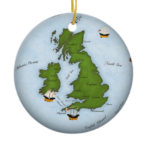 Romantic United Kingdom Map With Sailing Ships Ceramic Ornament