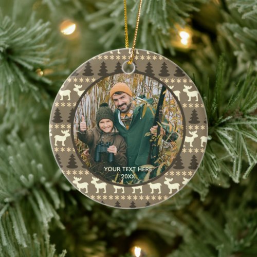Rustic Moose Trees Wilderness Two Photos Brown Ceramic Ornament