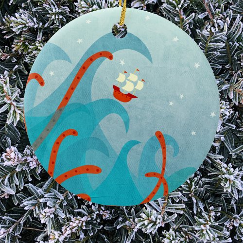 Sailing Ship Sea Monster Ceramic Ornament